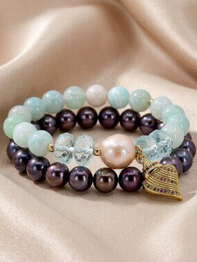 Charm Bracelet Set of 2, Black Peacock Pearls & Agate Edison Pearl w/Shell Charm